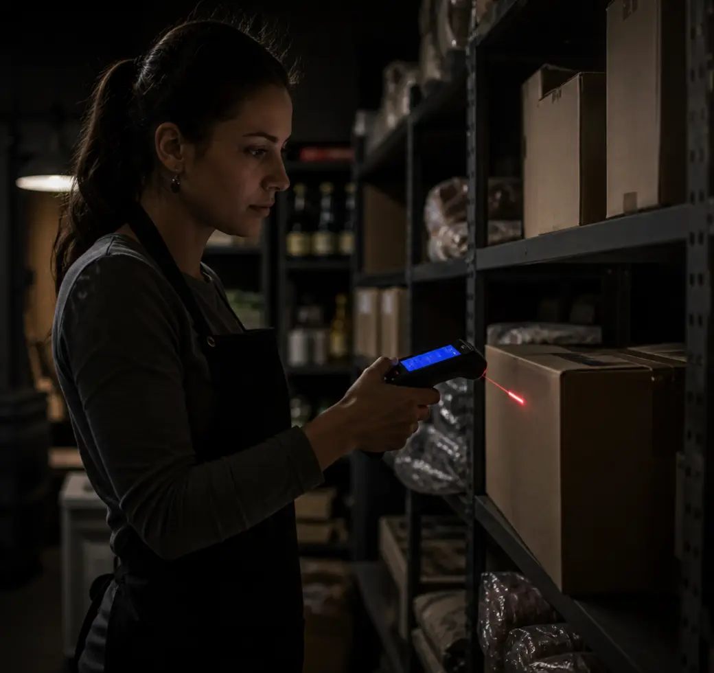 A stockroom worker scanning a carton with a FIVOX handheld scanner